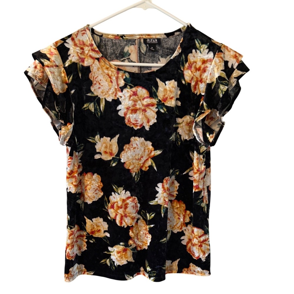 ANA A New Approach Womens Medium Black Floral Velvet Ruffle Sleeve Top Blouse